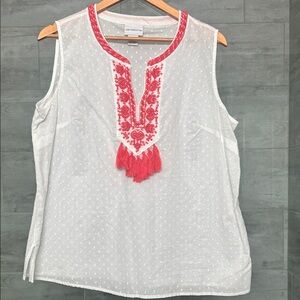 LOFT White Sleeveless Blouse with Red Embroidery